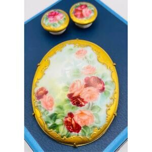 Victorian Brooch 3 Stud Buttons Hand Painted Porcelain Pink Red Roses Gold Gilt